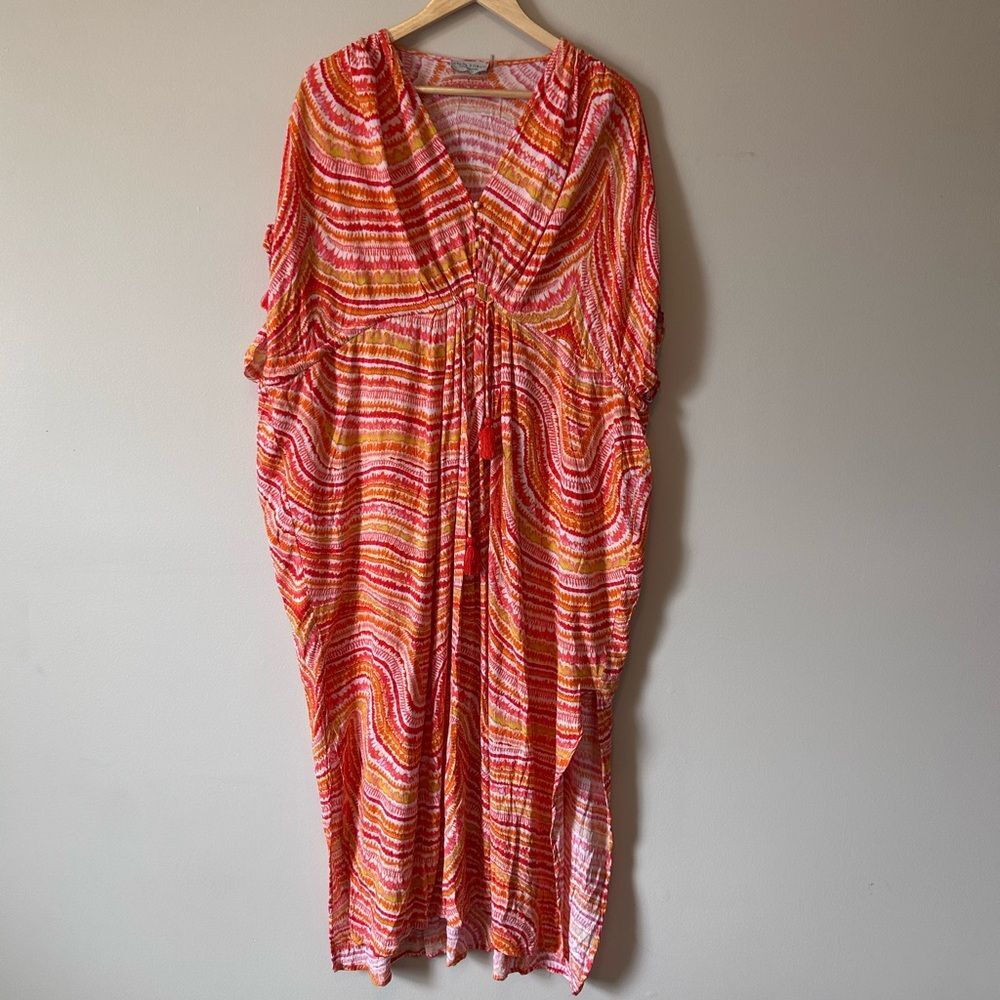 Dress Forum Orange Pink Tie Dye Stripe Oversized Beach Coverup Dress Size Large - Picture 2 of 8